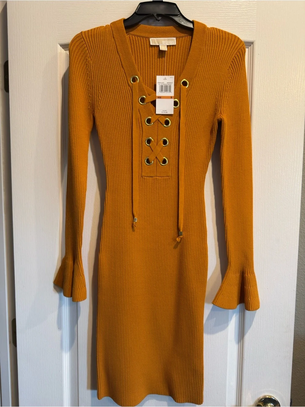 Michael Kors Ribbed Lace-Up Long Sleeve Dress - Mustard